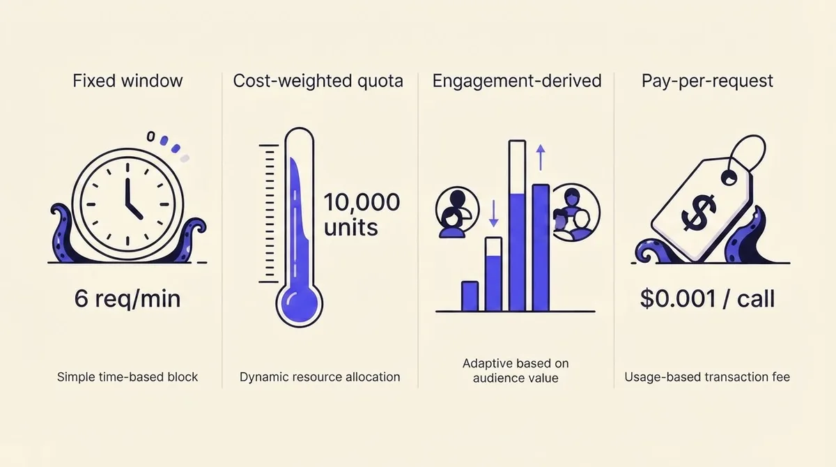 Chart comparing fixed window, cost-weighted quota, engagement-derived and pay-per-request rate limit models
